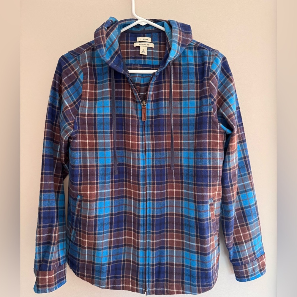 LL Bean Blue and Brown Plaid zip up Hooded Flannel